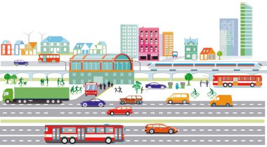 Trafik ve evler ile şehir genel görünümü, bilgi illüstrasyonu-