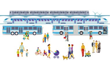 Hızlı ulaşım, yükseltilmiş tren ve yolcular, illüstrasyon