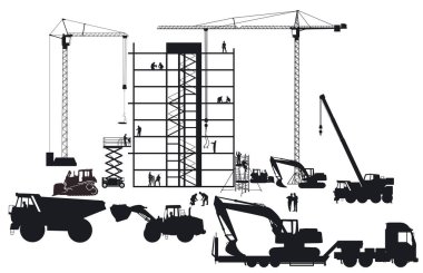 Kazıcı, mimar ve ağır kamyon resimli inşaat alanı