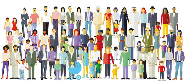 большая группа этнических людей с родителями и детьми иллюстрации