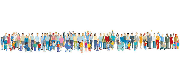 large group of  people with parents and children illustration