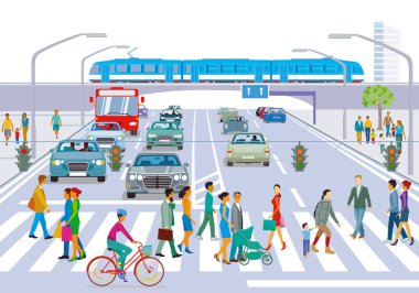 Karayolu trafiği ve yükseltilmiş demiryolu ve yayalar ile kentsel cadde, illüstrasyon