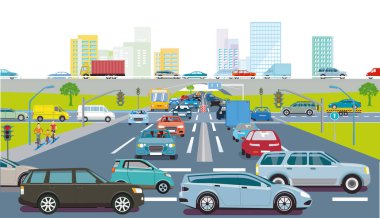 Şehir silueti trafik sıkışıklığı içinde, illüstrasyon-
