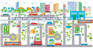 Trafik ve evler ile şehir genel görünümü, bilgi illüstrasyonu