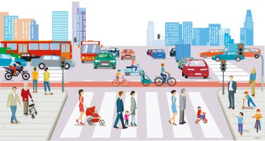 Trafik sıkışıklığında insanların ve arabaların olduğu şehir silüeti, illüstrasyon