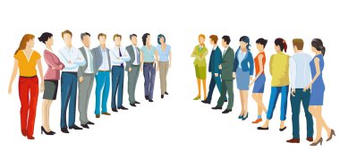 Birbirine bakan iki grup insan, soyutlanmış çizimler.