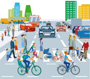 Trafikte insanlarla dolu şehir manzarası, bilgi illüstrasyonu