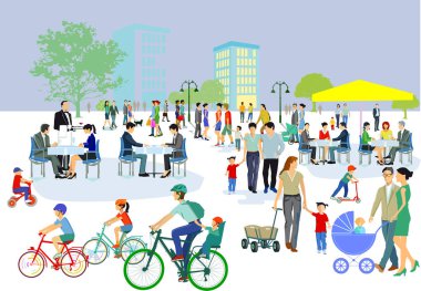 Bir grup insan boş zamanlarını restoranları ve resimleriyle dolu bir yerde geçiriyorlar.