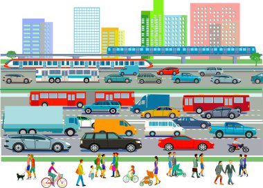 Trafik sıkışıklığı ve demiryolu trafiğinde ekspres yolu ile şehir genel görünümü, illüstrasyon