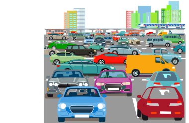 Trafik sıkışıklığında arabalarla şehir silueti, illüstrasyon