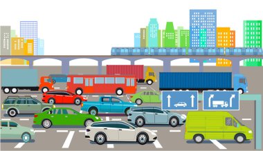 Trafik sıkışıklığı ve trafik kontrolü olan bir şehir, illüstrasyon