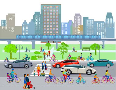 İnsanlar, arabalı bisikletçiler, zebra geçidindeki aileler, şehir silüeti, illüstrasyon