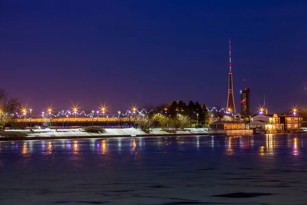 View City Riga Capital Latvia Blue Hour Winter Night Tower — Stock Photo, Image