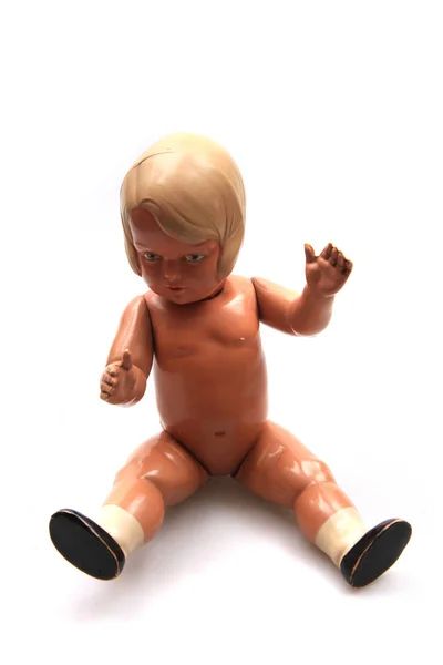 Vintage Κούκλα Μωρό Απομονώνονται Στο Λευκό Φόντο — Φωτογραφία Αρχείου