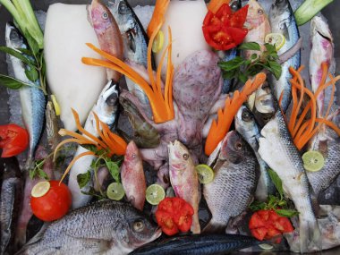 Balıklar ve balık pazarından gelen diğer hayvanlar.