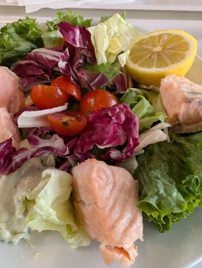 Ev yapımı somon balığı ve sebze salatası sağlıklı yiyecekler.