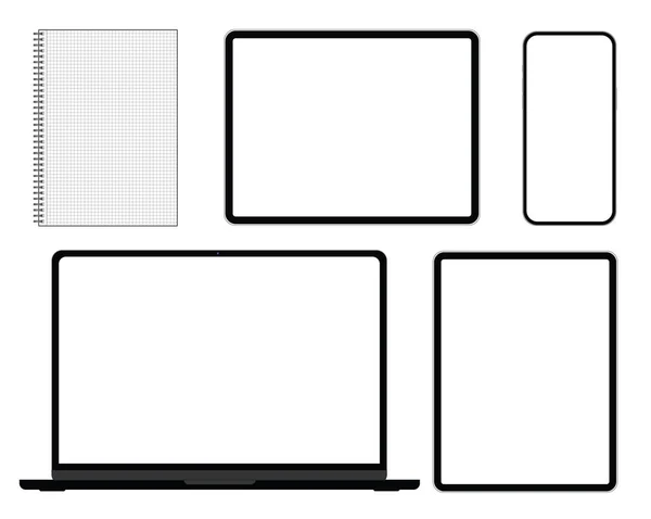 Mockup Notebook Notebook Tablety Chytrý Telefon Bílém Pozadí Vektor Eps — Stockový vektor