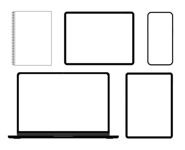 Mockup Notebook Laptop Tabletta Okostelefon Fehér Háttér Vektor Eps — Stock Vector