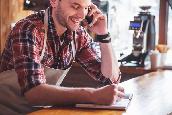 Cropped Image Handsome Young Barista Apron Talking Mobile Phone Making — Stock Photo, Image