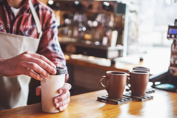 Cropped Image Handsome Barista Apron Holding Cup Coffee While Standing — Stock Photo, Image