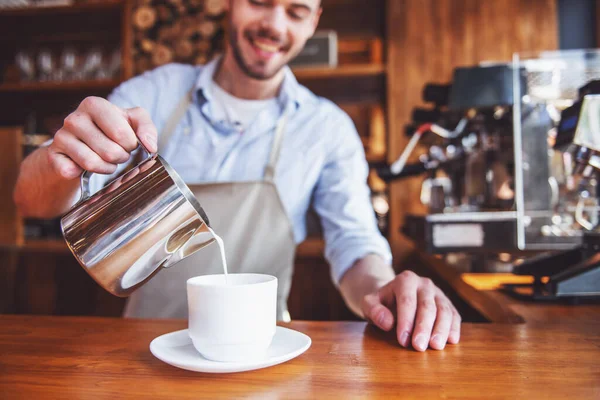 Cropped Image Handsome Young Barista Adding Milk Coffee Smiling While — Stock Photo, Image