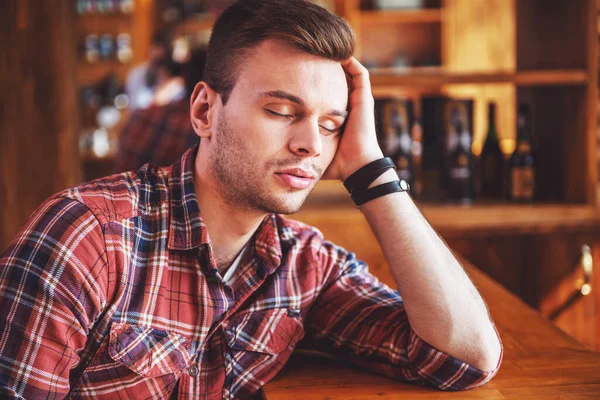 Tired Young Man Dozing Leaning Bar Counter Modern Urban Cafe — Stock Photo, Image