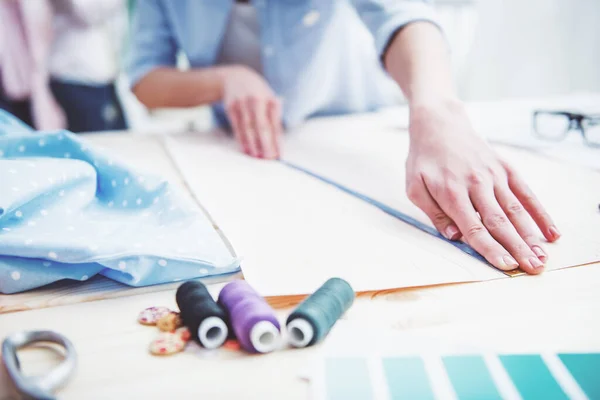 Cropped Image Beautiful Young Designer Working Sketches Measure Tape Dressmaking — Stock Photo, Image