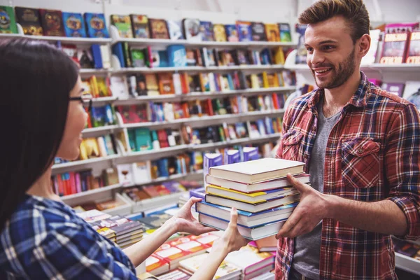 Handsome Young Man Nice Woman Holding Pile Books Looking Each — Stock Photo, Image