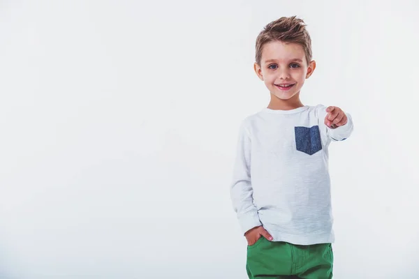 Cute Little Boy Stylish Clothes Smiling Looking Pointing Camera Isolated — Stock Photo, Image