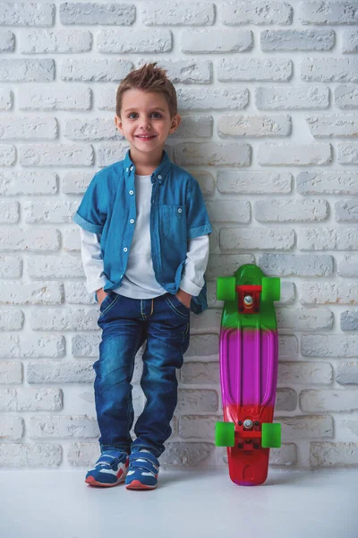 Full Length Portrait Cute Stylish Little Boy Jeans Looking Camera — Stock Photo, Image