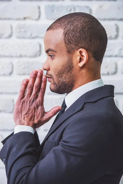 Side View Handsome Afro American Businessman Classic Suit Keeping Hands — Stock Photo, Image