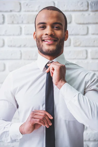 Handsome Afro American Businessman Classic Suit Adjusting His Tie Looking — Stock Photo, Image