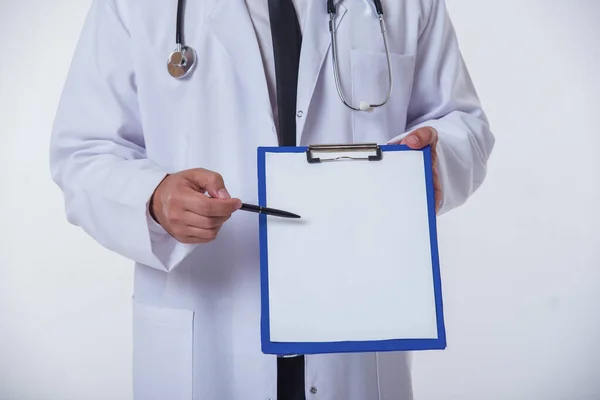 Cropped Image Handsome Doctor White Coat Holding Folder Pointing Isolated — Stock Photo, Image