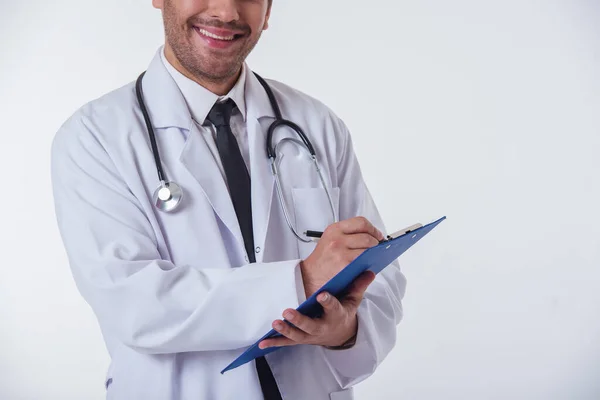 Cropped Image Handsome Doctor White Coat Smiling While Holding Folder — Stock Photo, Image