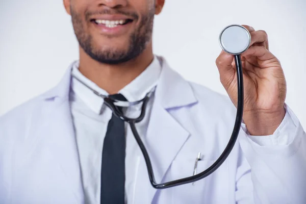Cropped Image Handsome Afro American Doctor White Coat Smiling While — Stock Photo, Image
