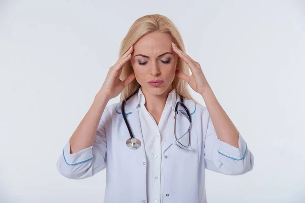 Portrait Beautiful Tired Female Doctor White Coat Massaging His Temples — Stock Photo, Image