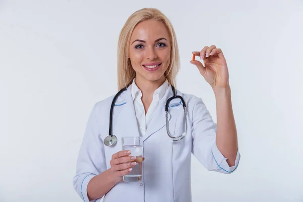 Portrait Beautiful Female Doctor White Coat Holding Glass Water Pills — Stock Photo, Image