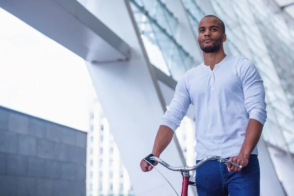 Handsome Young Businessman Casual Clothes Looking Forward While Walking Bike — Stock Photo, Image