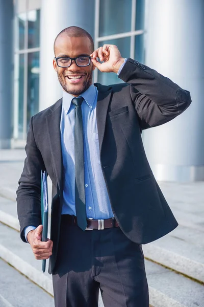 Handsome Young Businessman Classic Suit Glasses Holding Folder Looking Camera — Stock Photo, Image