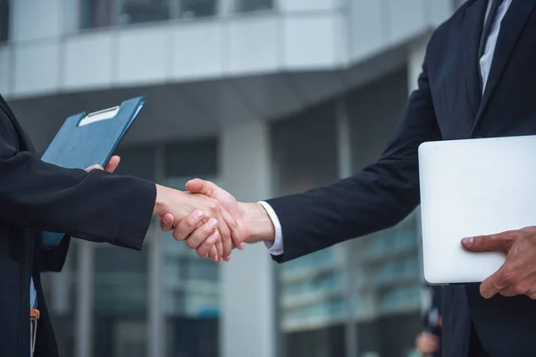 Cropped Image Young Business Lady Businessman Classic Suits Shaking Hands — Stock Photo, Image