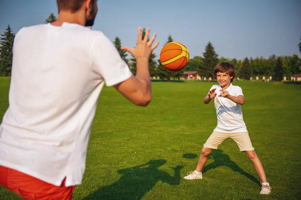 Cute Little Boy His Handsome Young Dad Smiling While Playing — Stock Photo, Image