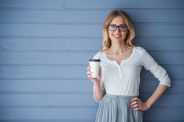 Beautiful Young Woman Casual Clothes Eyeglasses Holding Cup Coffee Looking — Stock Photo, Image