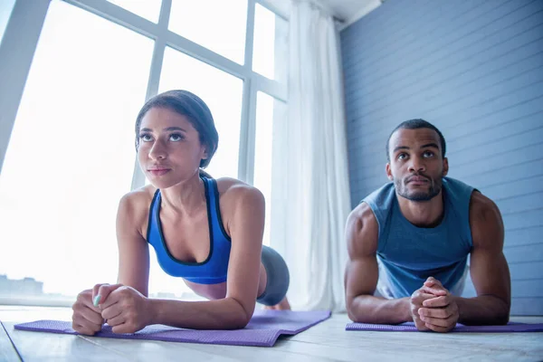 Beautiful couple in sports clothes is doing plank on yoga mat while working out at home