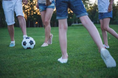 Mutlu aile parkta futbol oynarken görüntü kırpılmış