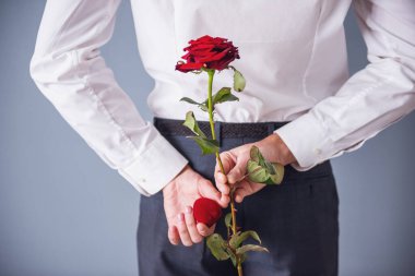 Arkasından bir kırmızı gül holding Romantik adam kırpılmış görüntü