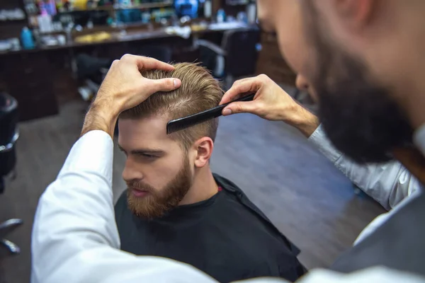 Handsome Bearded Man Looking Forward While Getting Haircut Hairdresser Barbershop — Stock Photo, Image