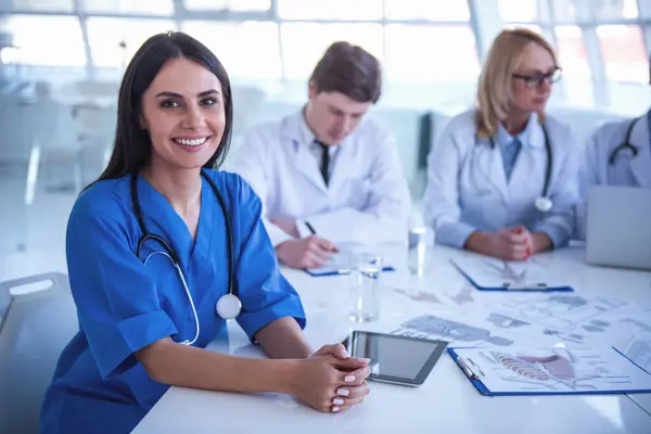 Successful Medical Doctors Sitting Conference Beautiful Young Female Doctor Looking — Stock Photo, Image