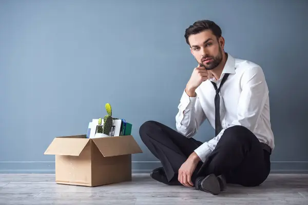 Getting Fired Handsome Businessman Formal Wear Sitting Floor Box His — Stock Photo, Image