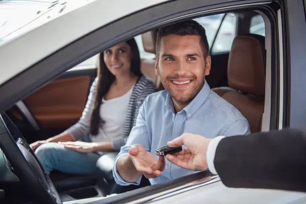 Visiting Car Dealership Beautiful Couple Getting Car Key Smiling While — Stock Photo, Image