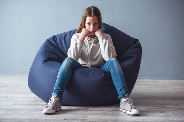 Troubled Teenage Girl Sitting Bean Bag Chair Looking Camera — Stock Photo, Image